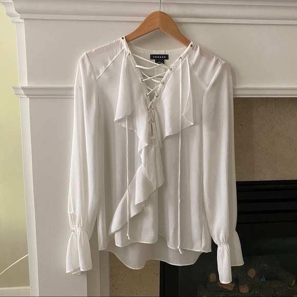 TROUVE White Lace Up Chiffon Long sleeve Blouse - Picture 6 of 12